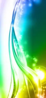 Colorful abstract wallpaper with vibrant light trails in green, blue, and yellow hues.