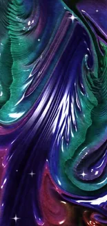 Colorful abstract wallpaper with swirling purple, green, and blue patterns.