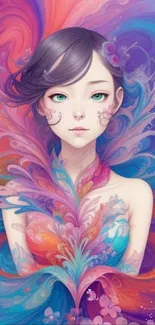 Abstract colorful portrait of a mystical female with swirling elements.