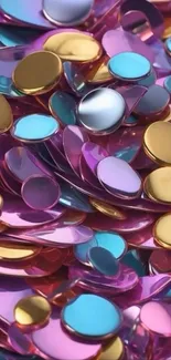 Colorful reflective abstract with pink, blue, and gold surfaces.