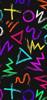 Colorful abstract neon shapes on black background wallpaper.