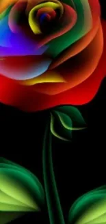 Colorful abstract rose on dark background, vibrant flower art.