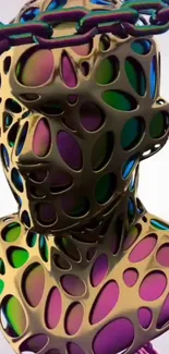 Colorful abstract sculpture with cut-out patterns and gradient hues.