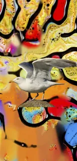 Seagull flying over colorful abstract background with vivid patterns.