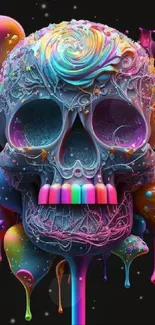 Psychedelic abstract skull with colorful design on a black background.