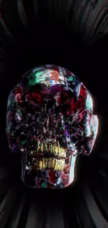 Colorful abstract skull on a dark wallpaper background.