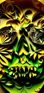 Intricate yellow and green skull art with bold patterns.