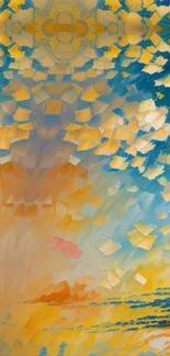 Abstract sky with colorful geometric patterns in blue and yellow hues.