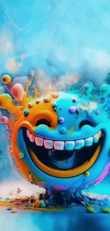 Vibrant abstract smiley face with colorful bursts in sky blue background.