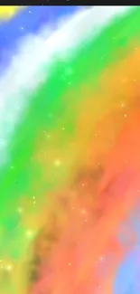 Colorful abstract space wallpaper with green, orange, and blue gradients.