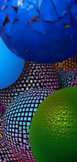 Colorful abstract 3D spheres with intricate textures on a phone wallpaper.