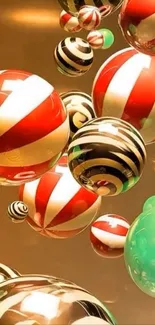 Colorful abstract spheres on a golden backdrop.