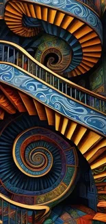 Colorful abstract spiral staircase artwork.