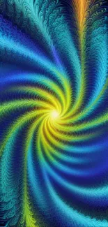 Vibrant abstract spiral wallpaper with blue, green, and yellow hues for mobile screens.