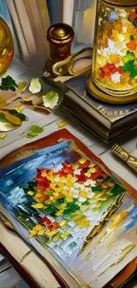 Artistic painting with vibrant autumn leaves and books.