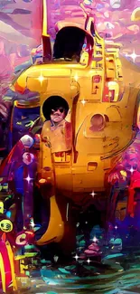 Vibrant yellow submarine art with a colorful underwater background.