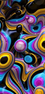 Vibrant abstract wallpaper with swirling patterns in yellow, pink, blue, and black.