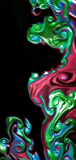 Vibrant abstract swirl with neon colors on a black background.