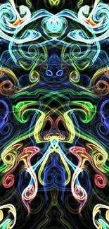 Colorful abstract swirl pattern with neon lines on black background.