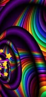 Vibrant abstract swirl wallpaper with rainbow colors and stars.