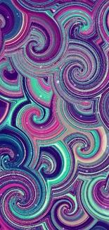 Vibrant abstract swirl wallpaper in purple, cyan, and pink hues.