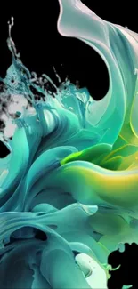 Abstract swirl with vibrant blue, green, and yellow hues on black background.