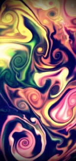 Colorful abstract swirl pattern with pink, green, and orange hues.