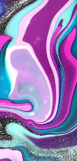 Vibrant abstract wallpaper with swirling purple, teal, and pink colors.