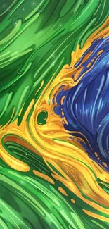 Colorful abstract swirl wallpaper with green, blue, and yellow hues.