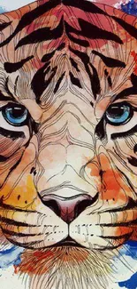 Colorful abstract tiger illustration with blue accents.