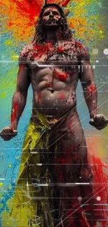 Abstract warrior with colorful paint splash background.