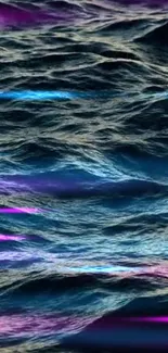 Abstract waves in dark blue, purple, and vibrant tones.