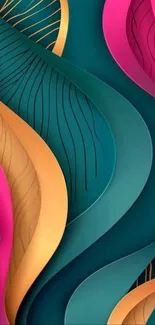 Colorful abstract waves in teal, pink, and gold hues.