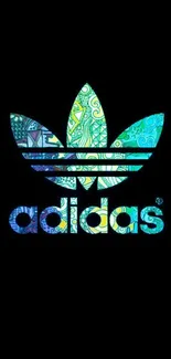 Vibrant Adidas logo with colorful pattern on black background.