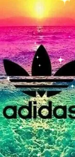 Vibrant Adidas logo over pink, yellow, and blue sunset ocean.