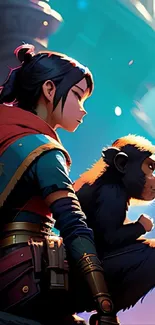 Fantasy warrior and monkey in vibrant cityscape.