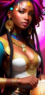 Afrocentric woman with colors and jewelry in a vibrant digital artwork.