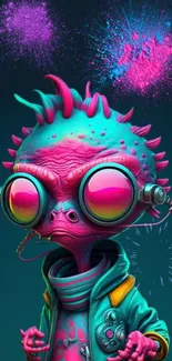 Quirky colorful alien in teal and pink with cosmic background.