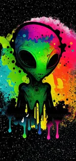 Vibrant alien with colorful splashes on a dark starry background.