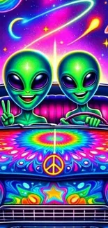 Vibrant aliens driving a psychedelic car in space with cosmic background.