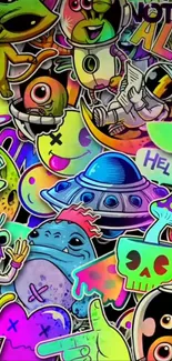 Vibrant alien cartoon design with colorful characters and space motifs.