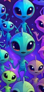 Cartoon aliens in blue and purple colors with stars on mobile wallpaper.