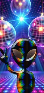 Alien at a colorful disco with vibrant lights and party atmosphere.