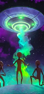 Colorful alien encounter with vibrant glow and spaceship in a cosmic scene.