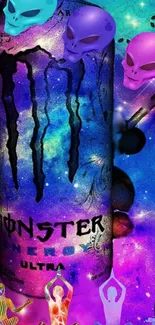 Vibrant wallpaper with Monster energy drink and colorful alien theme.