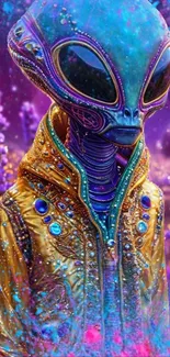 Colorful alien in a cosmic world, vibrant and surreal scene.