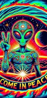 Vibrant alien-themed wallpaper with neon colors and peace sign.