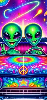 Psychedelic artwork of aliens driving a vibrant car in a colorful galaxy.