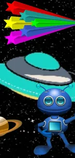 Colorful cartoon alien with planets and stars on a space backdrop.