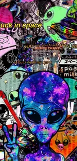 Colorful alien space collage wallpaper with cosmic designs.